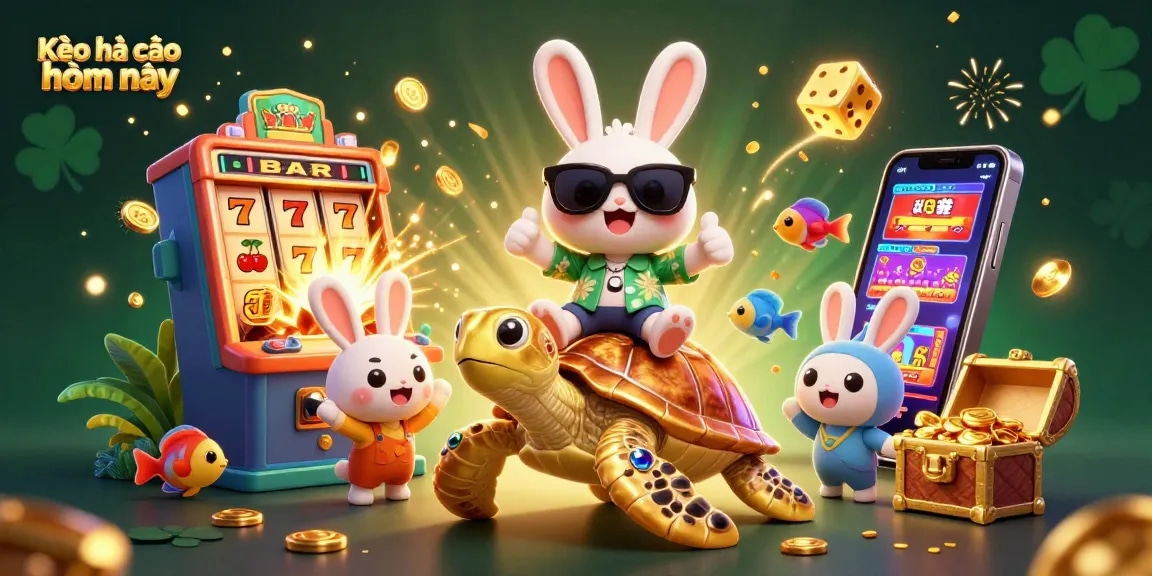 Experience Kèo nhà cái hôm nay with a captivating scene of a lucky rabbit and sea turtle in a vibrant casino setting.