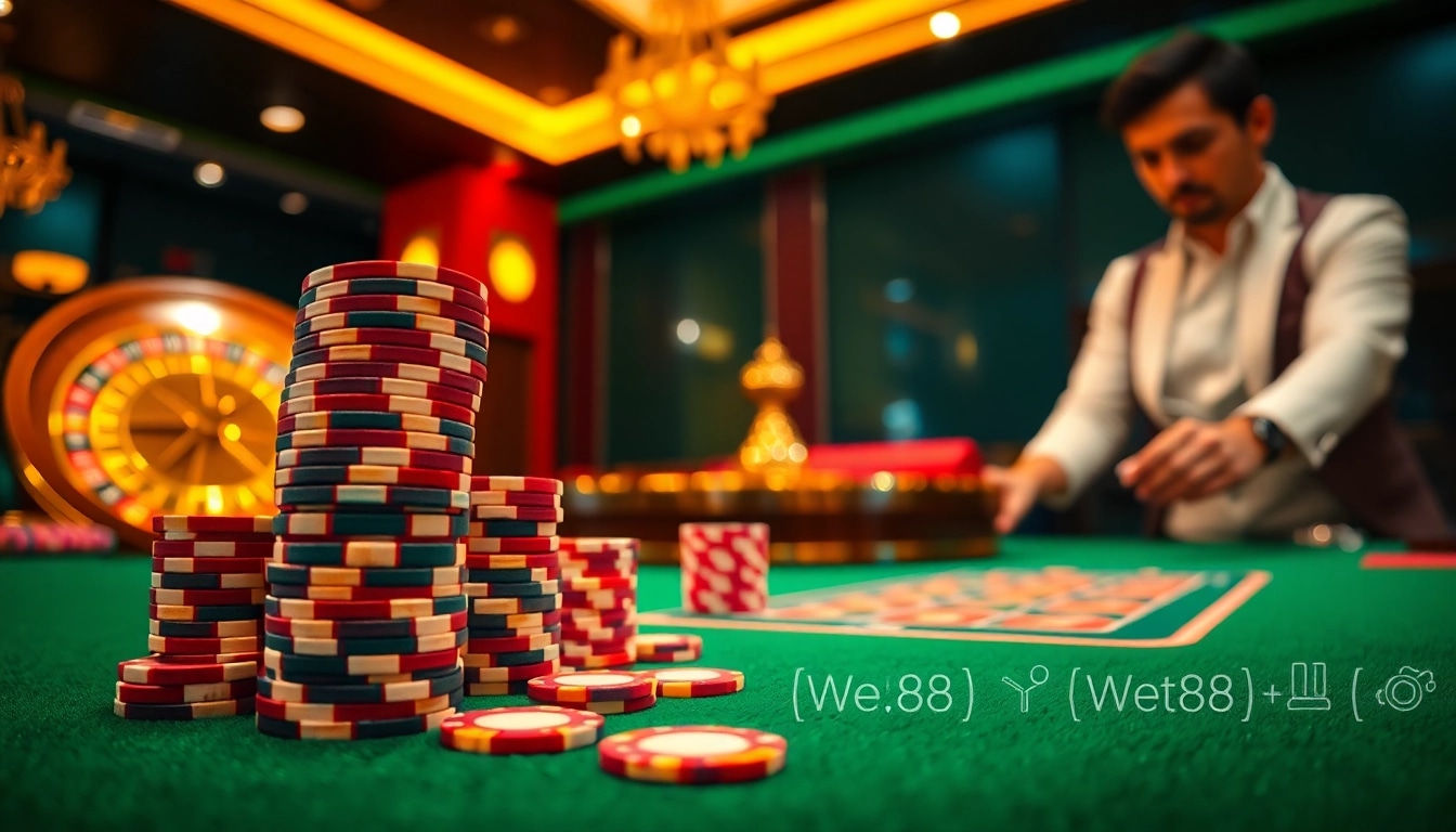 WE88 gaming experience featuring poker chips and a roulette wheel in a vibrant casino setting.