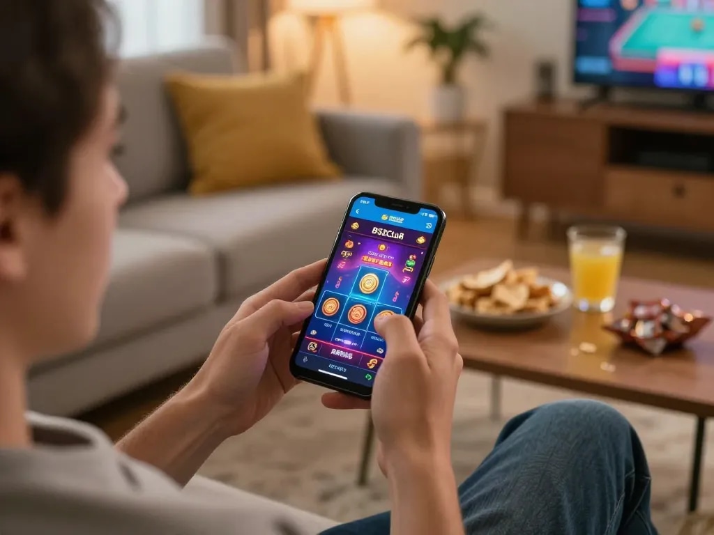 B52club engaging mobile gaming session showcasing online casino excitement in a cozy setting