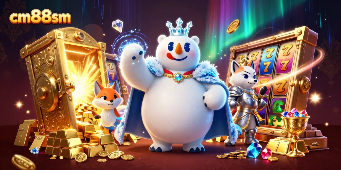 Experience the excitement of cm88sm with vibrant slot themes and treasures galore in this dynamic 3D illustration.