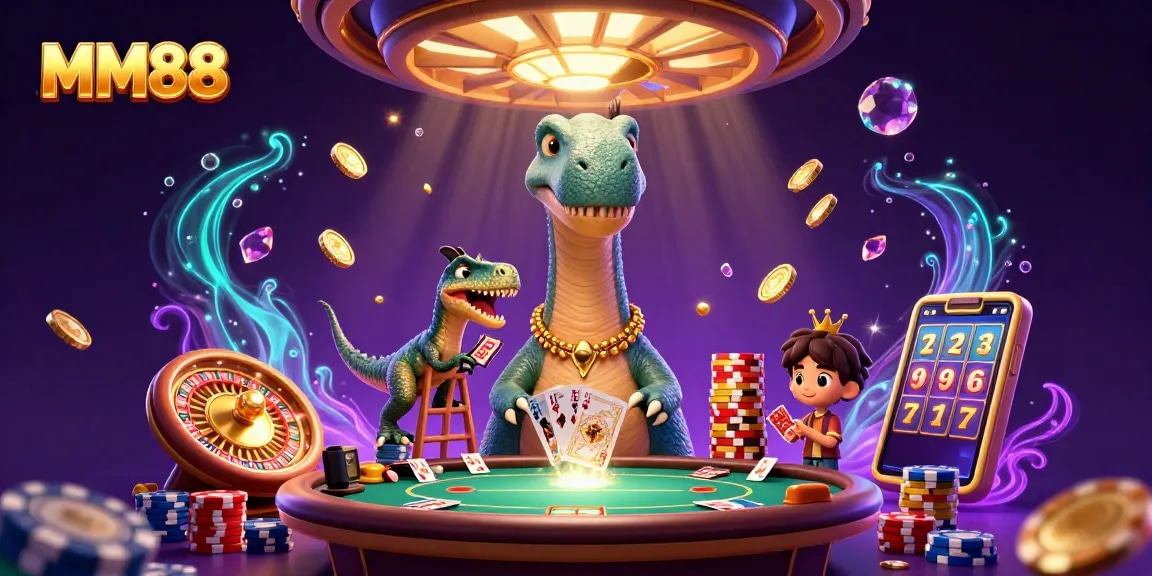 Experience thrilling gameplay at MM88 with a unique 3D casino scene featuring playful characters and rich game elements.