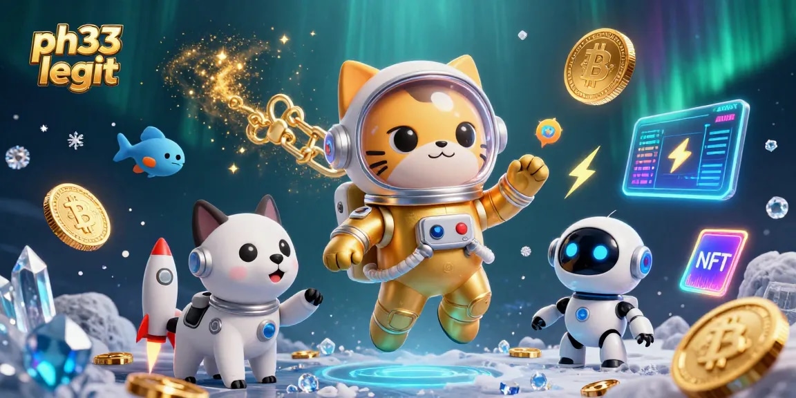 Experience ph33 legit gaming with an astronaut cat and a robot dog, showcasing exciting casino elements.