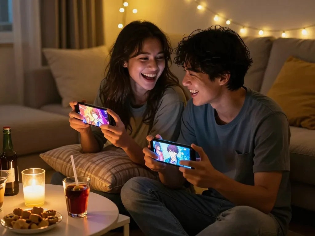Couple enjoying interactive porn games on mobile devices in a cozy setting.