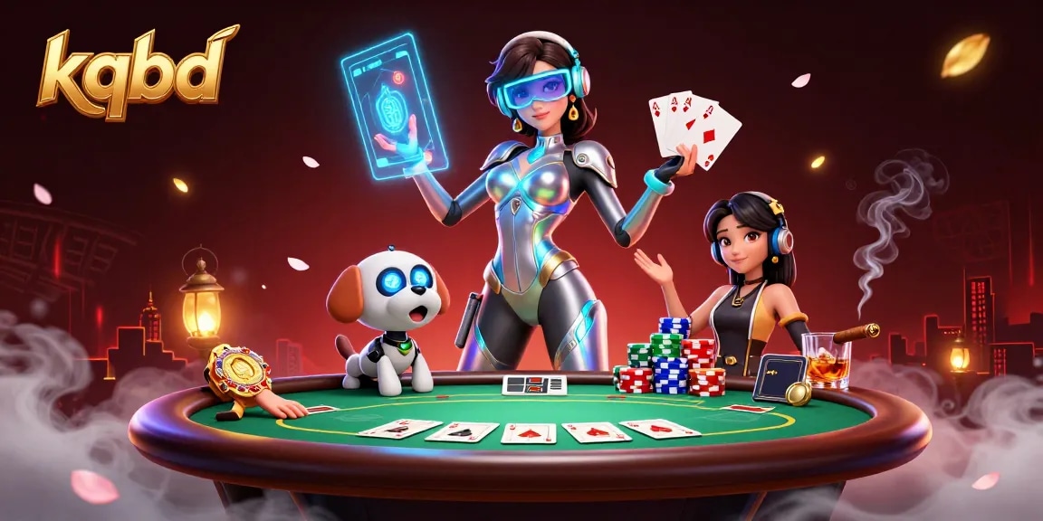 Bet on thrilling kqbd outcomes with a stunning futuristic woman and robot dog in a vibrant casino.