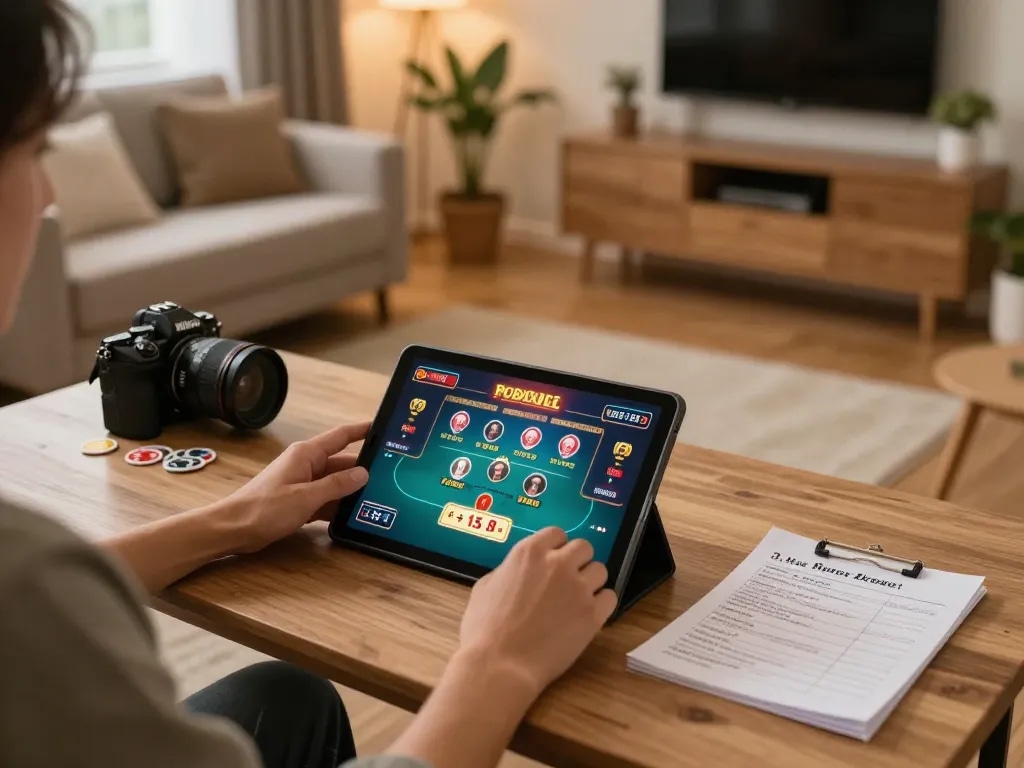 Person engaging with online casino games at home using a tablet on fly88, showcasing excitement and strategy.