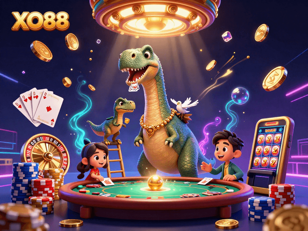 Experience the excitement of XO88 with a vivid casino illustration featuring a brontosaurus and raptor in action.