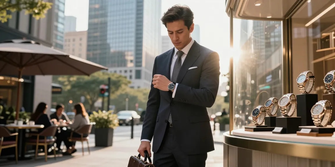 Luxury replica watches showcased on a stylish man's wrist, exuding sophistication in an urban setting.