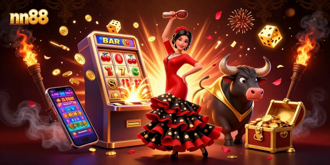 Experience the thrill of nn88 with a dynamic 3D illustration of a dancing flamenco woman and a cartoon bull.