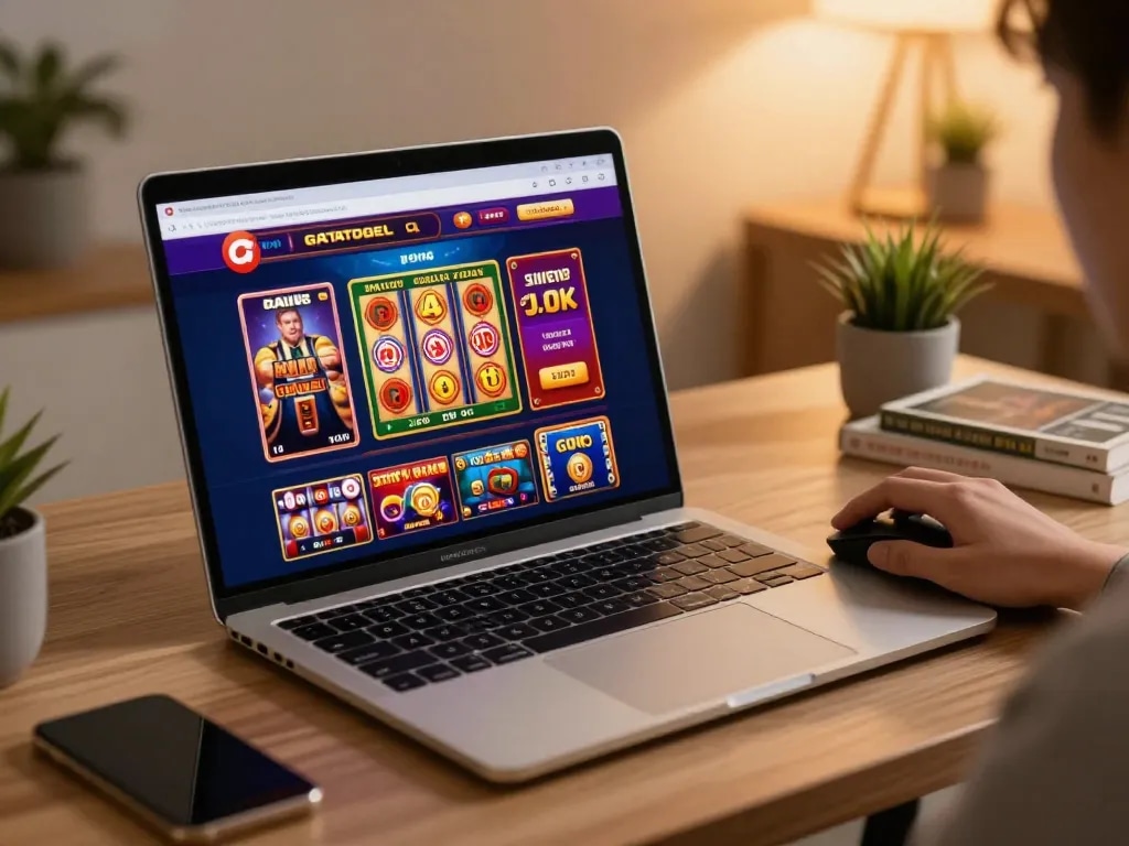 Engaging in gtatogel online gaming on a sleek laptop in a cozy home office