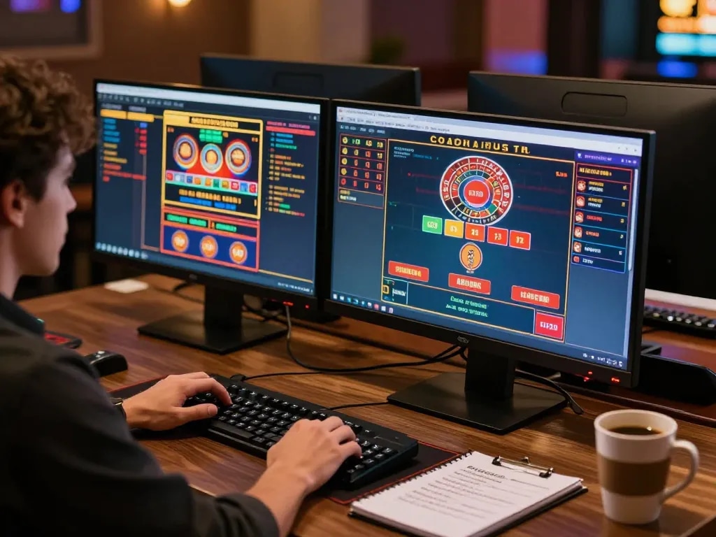 Engaged player reviewing ty-le-keo statistics on multiple monitors for effective online gambling strategy.
