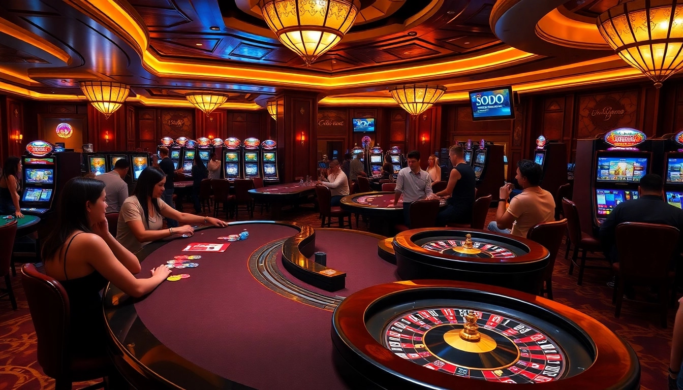 SODO Casino scene with gamblers enjoying high-stakes games at professional tables