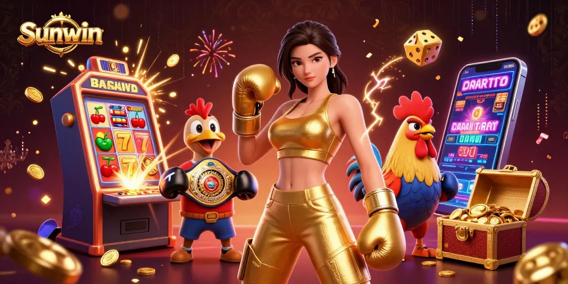 Play and win at Sunwin with exciting casino games surrounded by vibrant slot machines and golden treasures.