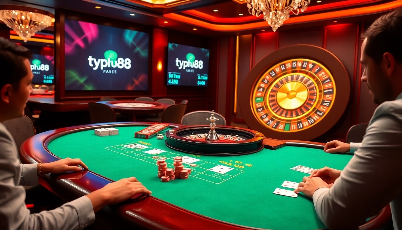 Players enjoying an exciting blackjack game at typhu88 casino table with vibrant decor.