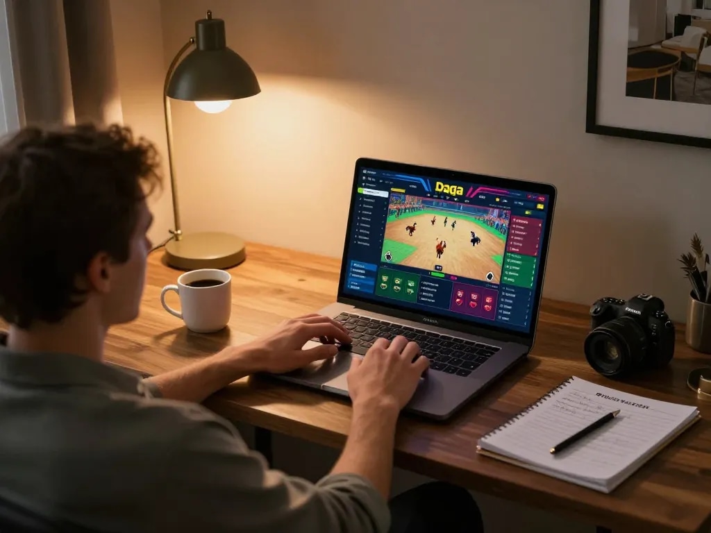 Daga online betting interface shown on laptop with player strategizing in a comfortable gaming setup.