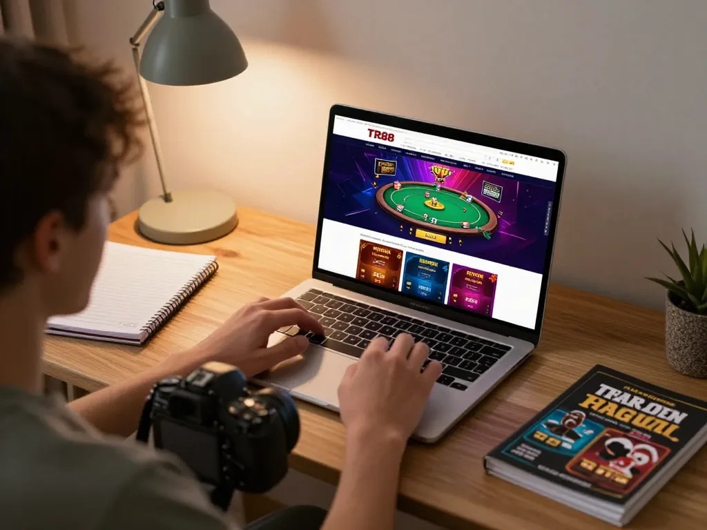 Engaged player on TR88.com using laptop for online poker game, with strategy notes visible, in a cozy home setting
