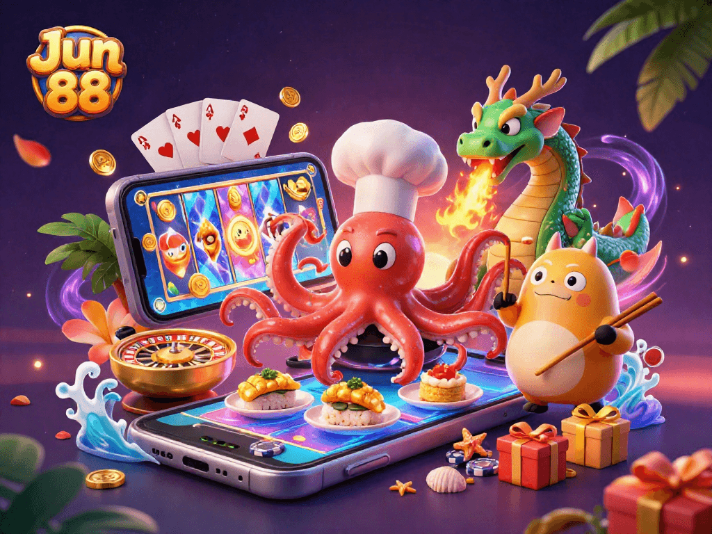 Engage with Jun 88 through an exciting 3D illustrated casino scene, featuring dynamic gaming elements and characters.