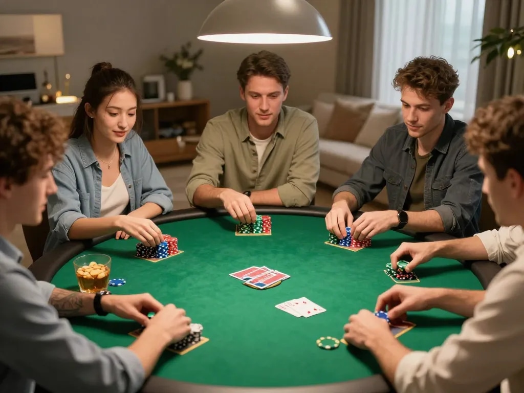 Players enjoying a friendly poker game at home, highlighting the vibrant atmosphere and strategic gameplay with hit club elements.