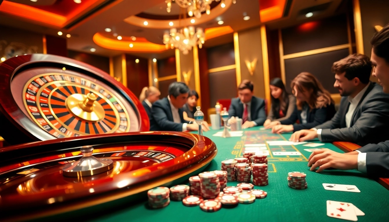 Gamblers enjoying a thrilling game at http://sunwin.loans/ casino, featuring a roulette wheel and poker table.