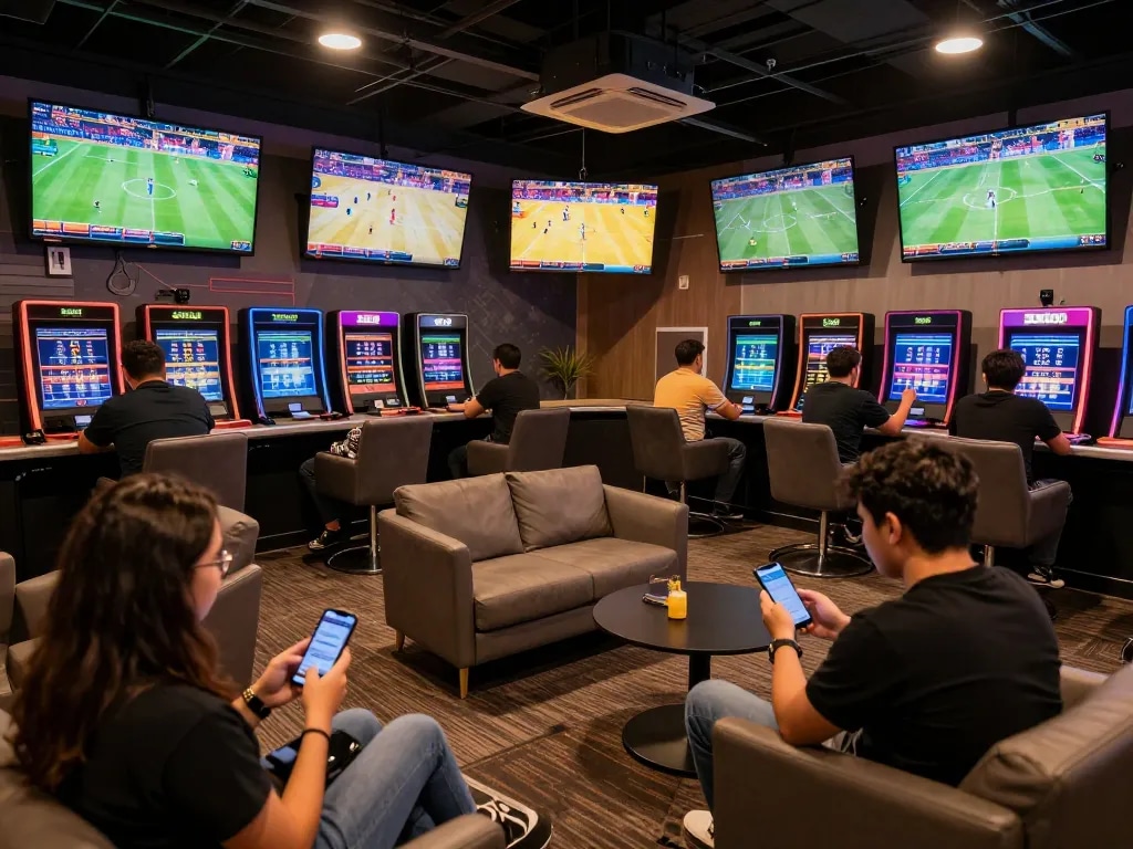 Bettors actively engaging in sports betting at BJ88, showcasing dynamic screens and excitement in a modern lounge.