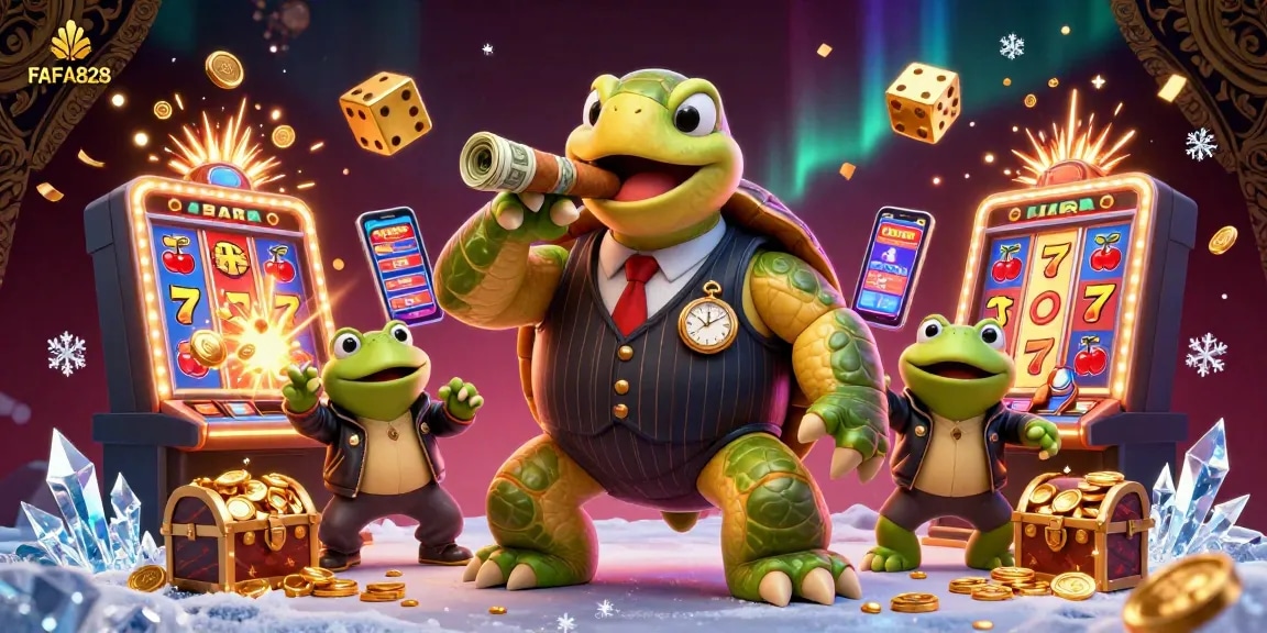 Engage in exciting gameplay with FAFA828 as colorful slot machines burst open with coins.