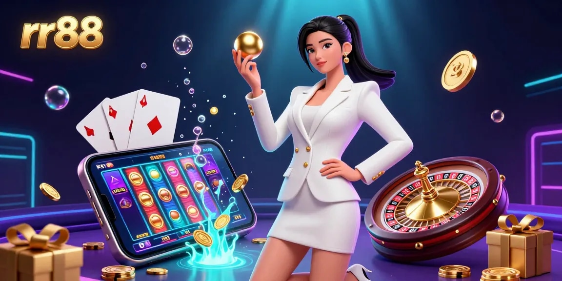 Engage with rr88's vibrant casino experience, dominated by a stunning Asian woman holding a roulette ball amid dynamic game elements.