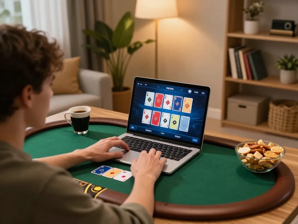Engaging in online poker gaming at home with 33win, featuring virtual cards and snacks.
