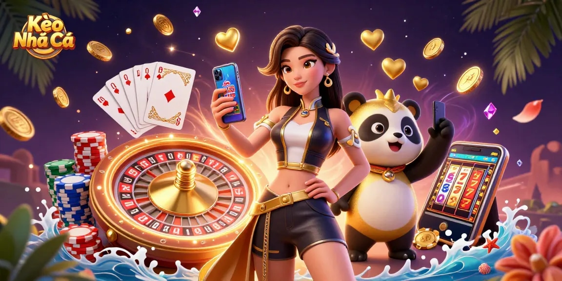 Kèo Nhà Cái illustration featuring an Asian woman with a smartphone beside a golden panda mascot, showcasing dynamic casino elements