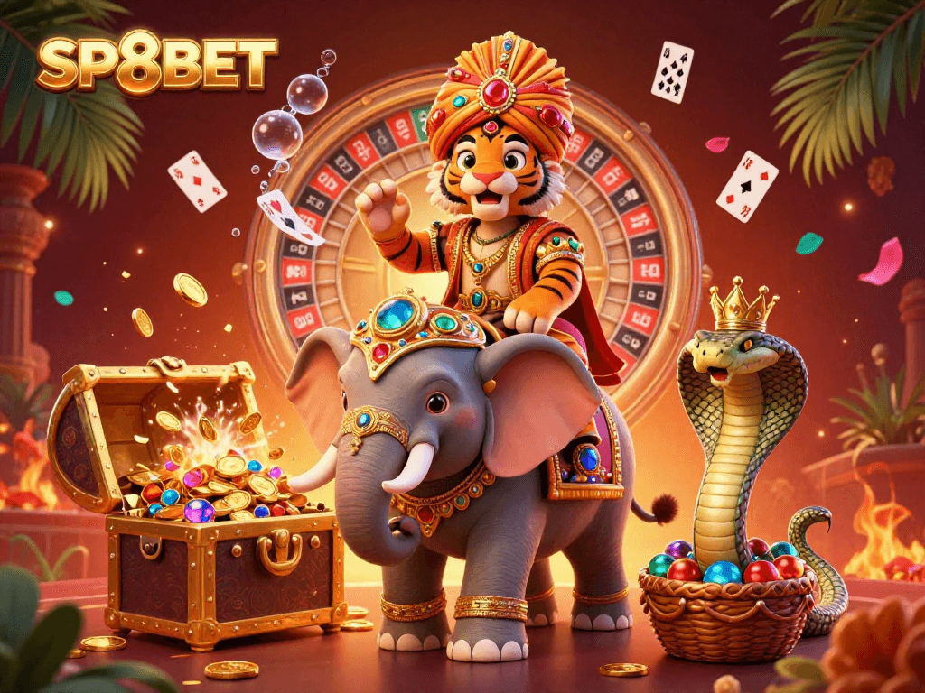 Engage in thrilling gaming experiences with SP8BET featuring a vibrant 3D casino illustration.