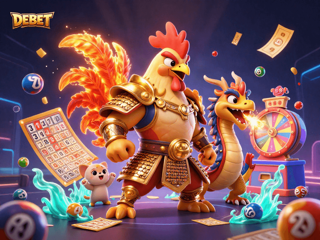 Engage with DEBET, featuring an action-packed scene with a rooster warrior and dragon hatchling amidst vibrant gambling elements.