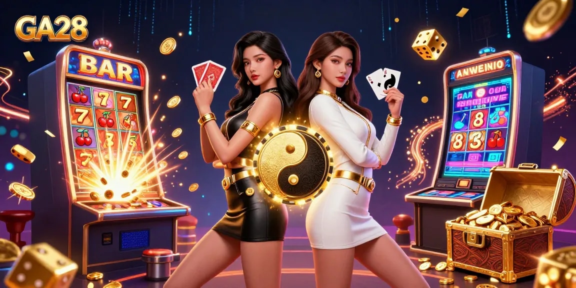 Win big with GA28 as stunning Asian women hold playing cards among casino elements.