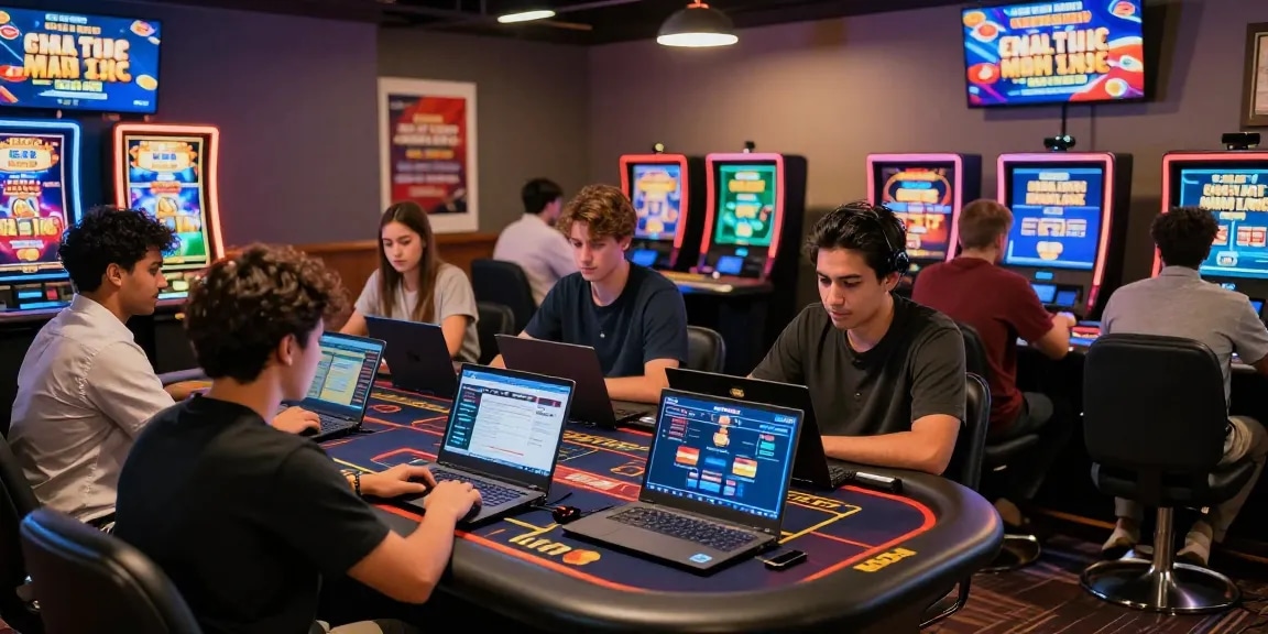 Engaged players at credit card casinos enjoying vibrant slot games and promotions, showcasing Mastercard and Visa options.