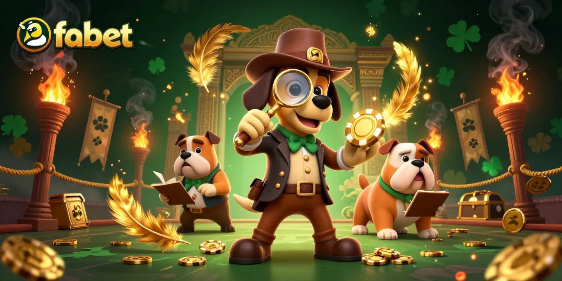 Fabet engages players with a treasure investigation scene featuring a detective and a bulldog, surrounded by dynamic casino elements.