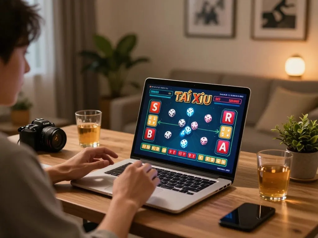 Tài Xỉu Sunwin gameplay on a laptop in a cozy home setting showing a player making strategic bets.