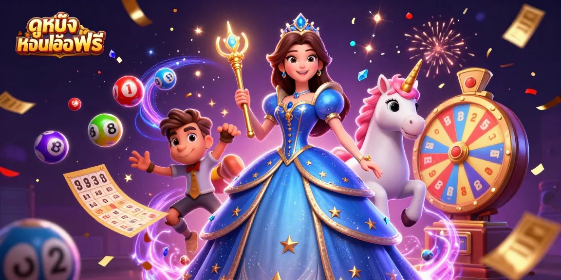 Join the fun of ดูหนังออนไลน์ฟรี while celebrating with vibrant lottery balls, spinning prize wheels, and fairy-tale characters.