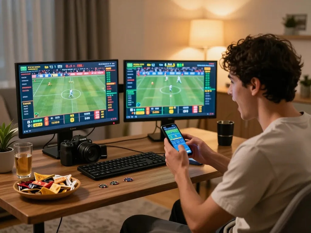 Exciting online sports betting action at ok365 with player engaging on smartphone.