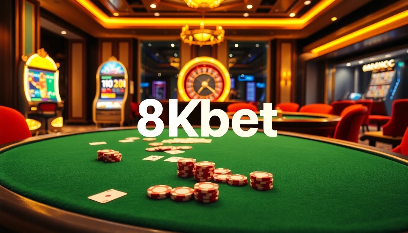 Players enjoying high-stakes poker at 8kbet's luxurious casino with vibrant slot machines.