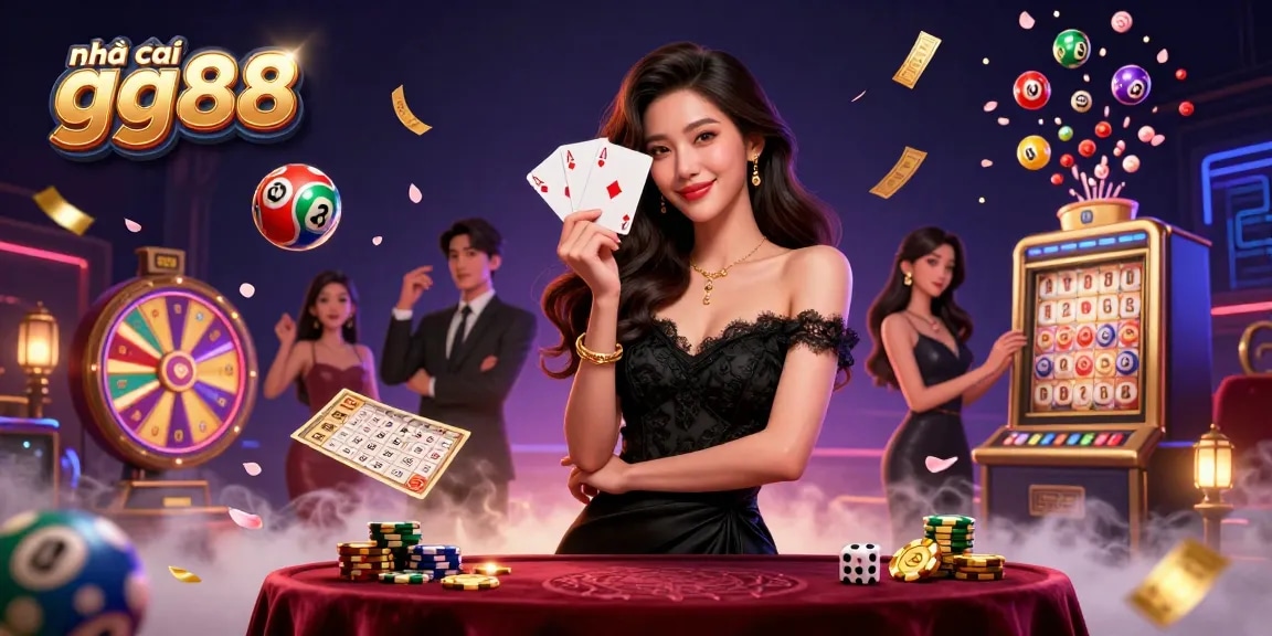 Experience thrilling gameplay at nhà cái gg88 with a luxurious casino woman in a dynamic 3D scene filled with lottery elements.
