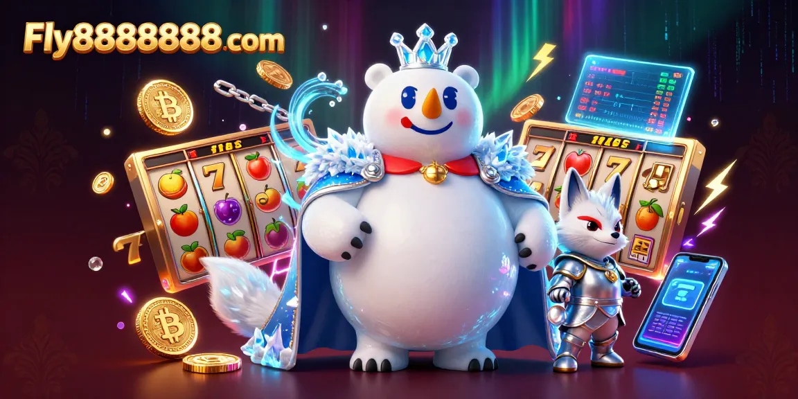 Engage with exciting games at Fly88888888 com's vivid casino scene featuring dynamic characters and slot elements.