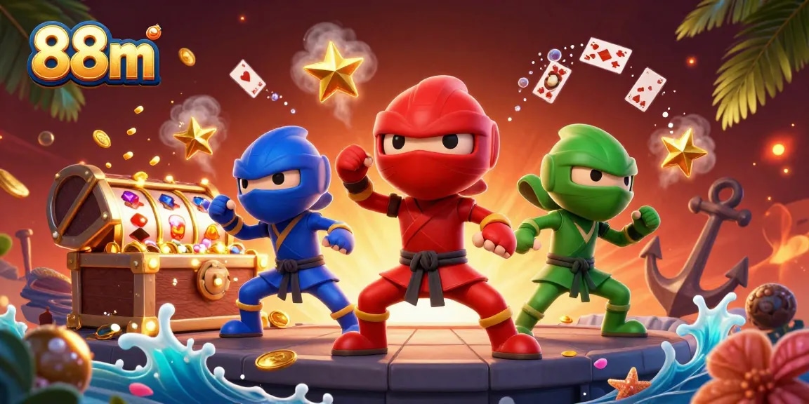 Experience thrilling gameplay with 88m's ninja chameleon team amidst slot reels and golden treasures.