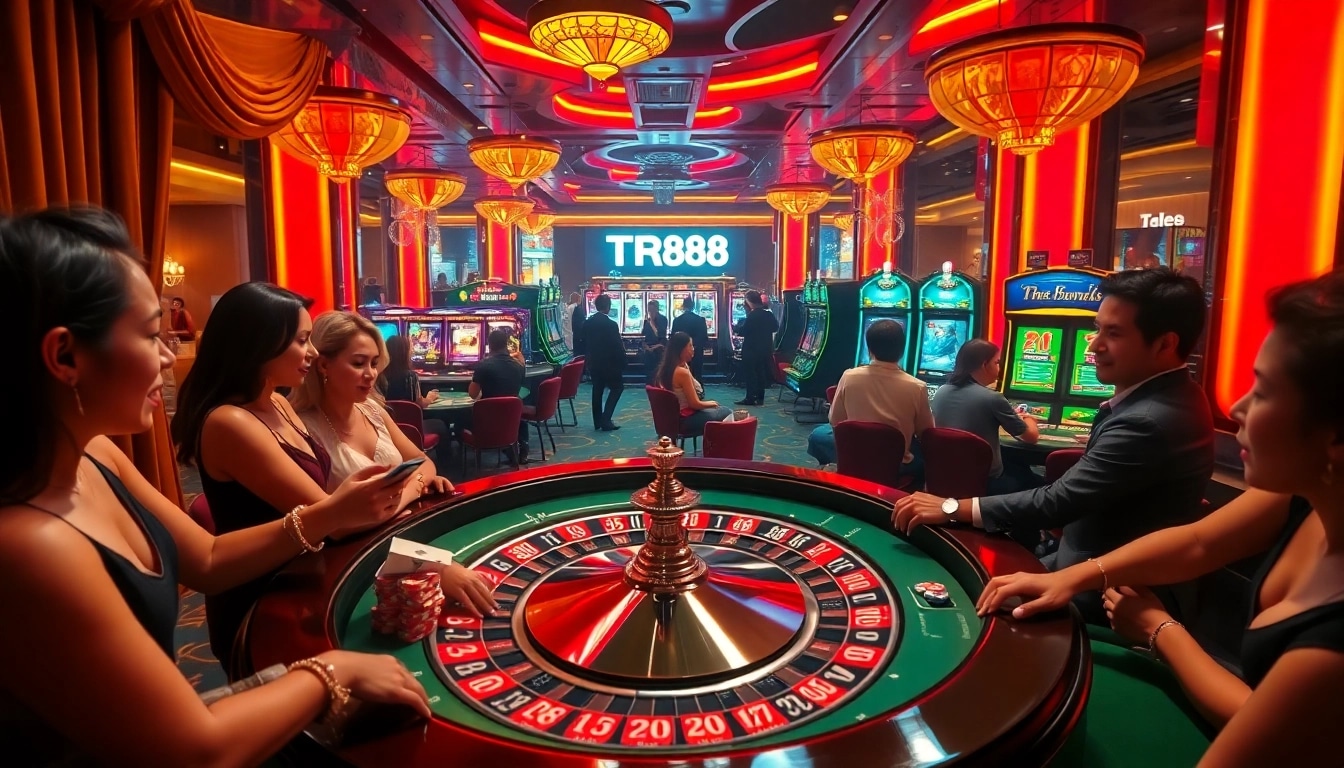 A dynamic roulette game scene at TR88 casino, highlighting players engaged in thrilling bets amid vibrant colors and casino ambiance.