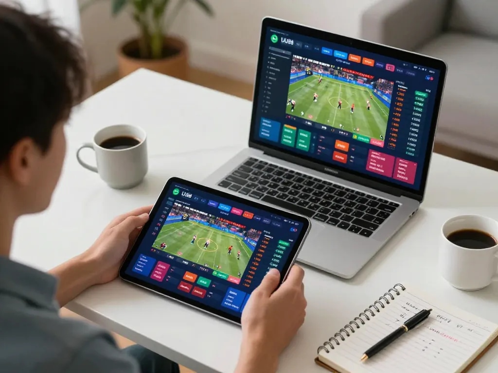 Person engaging in sports betting on UU88 platform using a tablet and notebook strategies