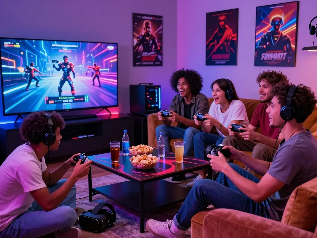 Engaged players enjoying free porn games in a lively gaming room atmosphere.