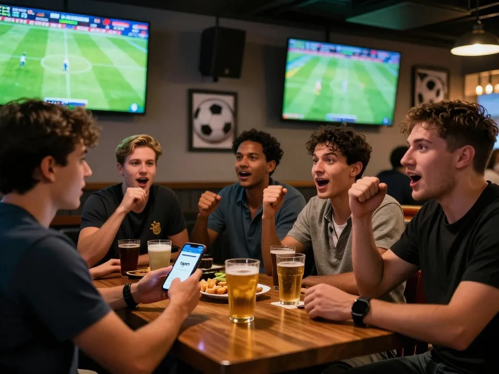 Friends enjoying live football match in a sports bar, checking 1gom betting odds, vibrant atmosphere.