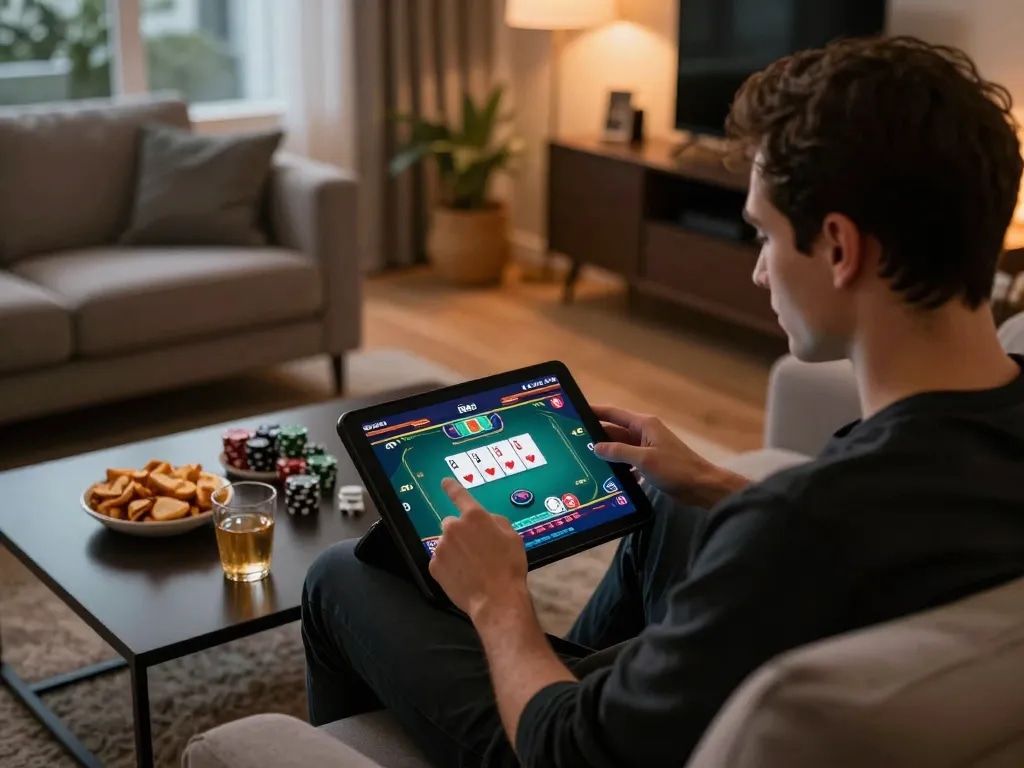 Player enjoying hitclub poker game on tablet in a stylish home environment with snacks.