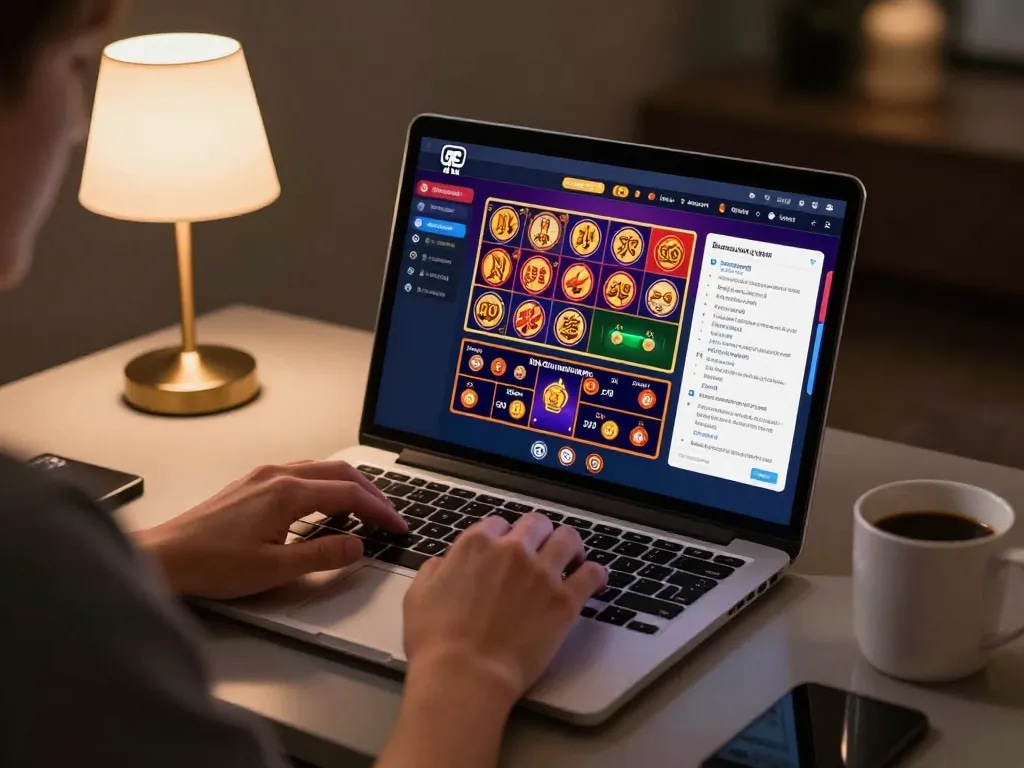 A player engaging with 32win đăng nhập while analyzing gaming strategies in a comfortable home office setting.