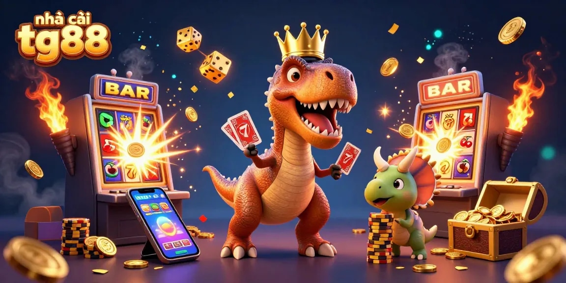 Engage with nhà cái tg88 in an immersive 3D casino environment featuring playful dinosaur characters and vibrant gaming elements.