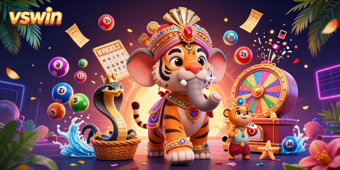 Experience the vibrant world of vswin with a vivid 3D casino scene filled with dynamic lottery elements.