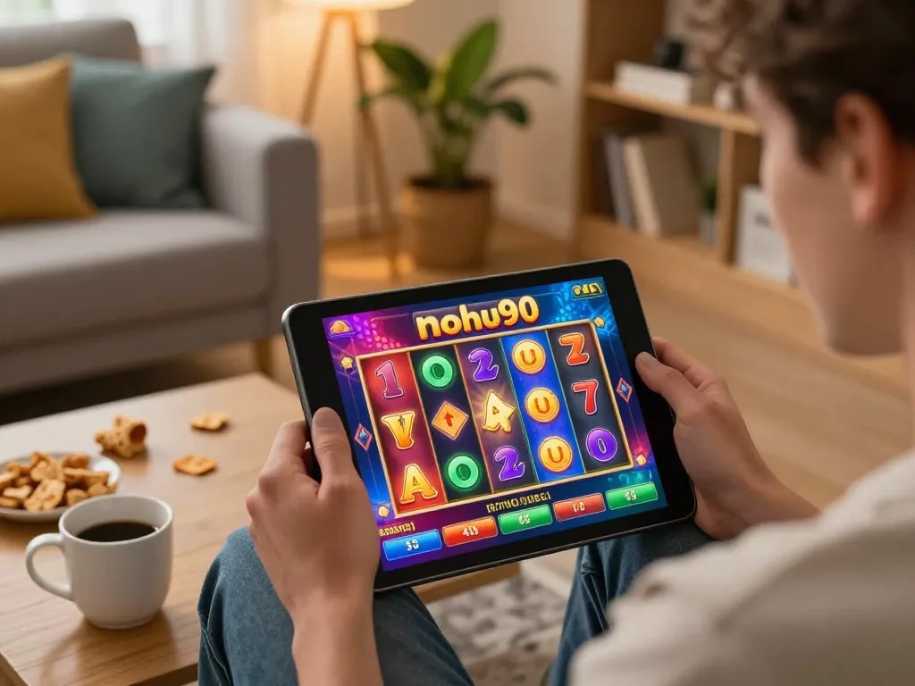 Nohu90 player enjoying online slots on tablet in cozy home setting