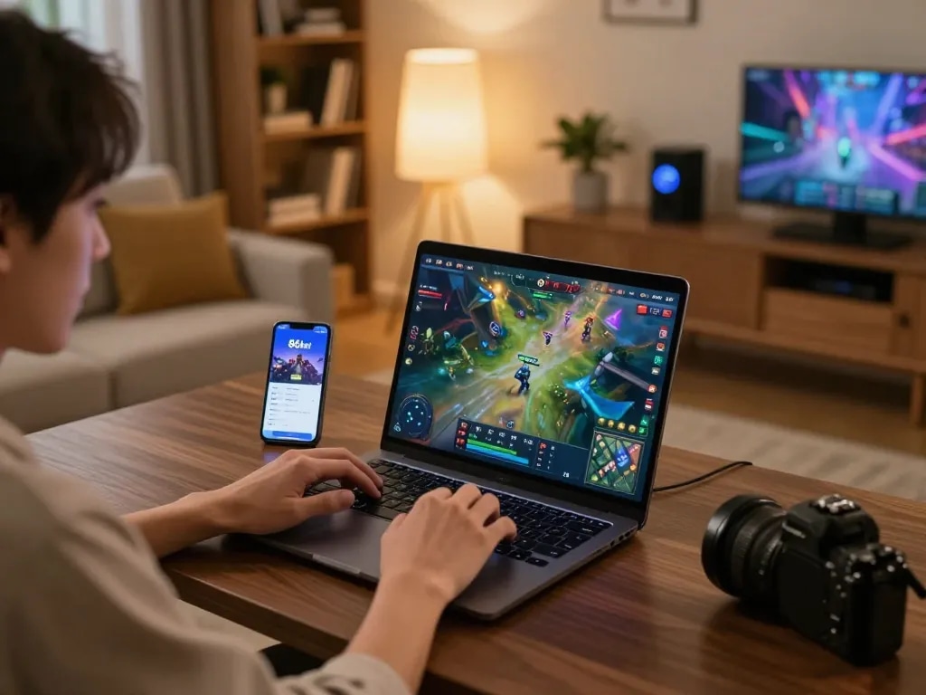 Engaging with the 86bet casino app on a laptop for online gaming.
