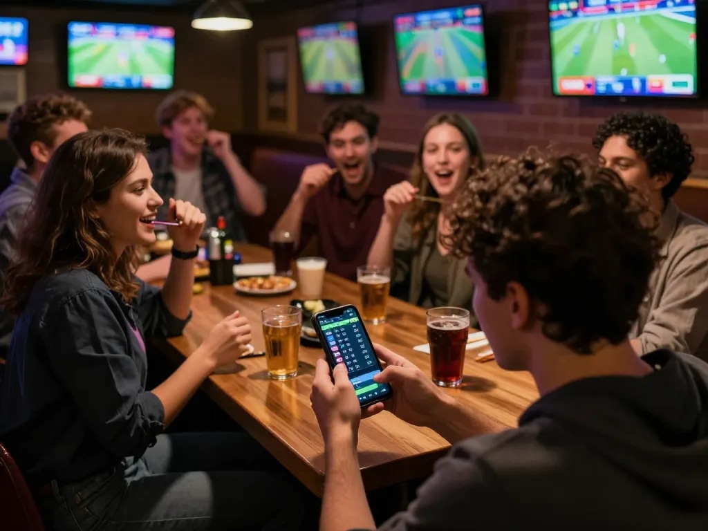 Engaging sports betting moment at a lively bar with 1gom on smartphone, showcasing live game odds.